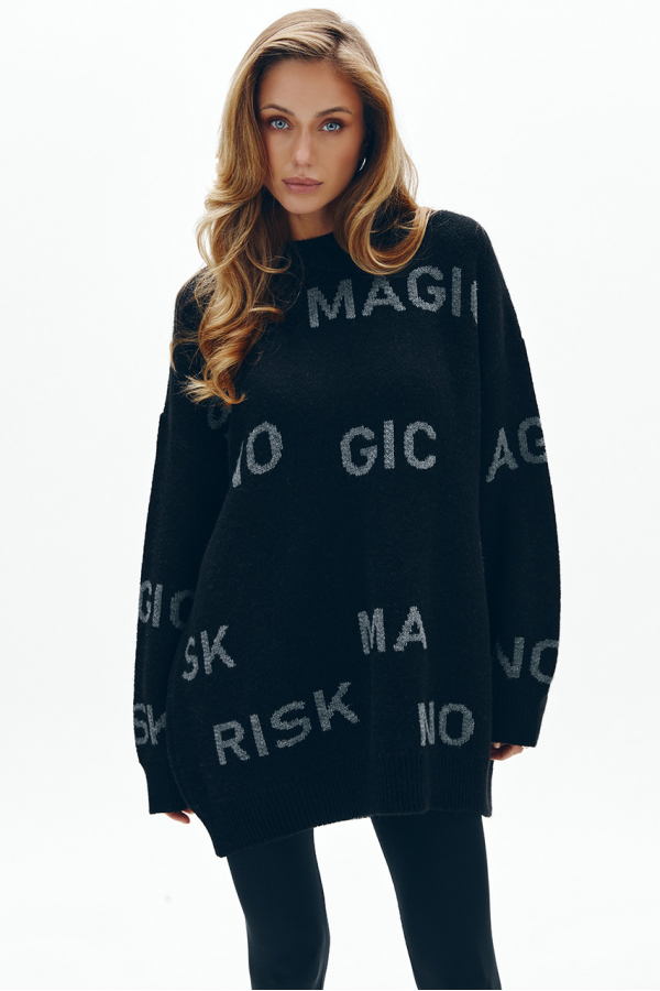 Sweter oversize z haftem NO RISK NO MAGIC w kolorze czarnym 1