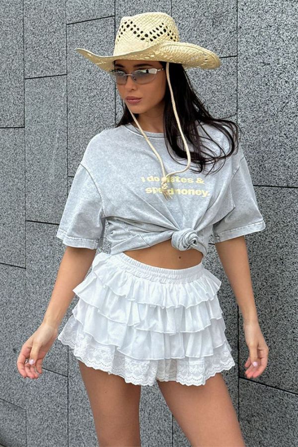 Jasnoszara koszulka oversize z żółtym nadrukiem I do pilates 1
