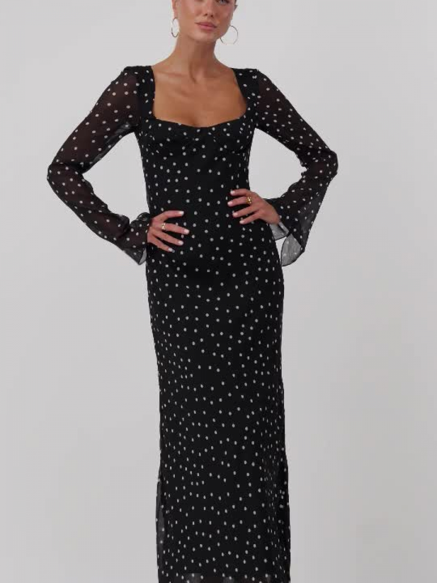 Czarna sukienka midi w grochy 2